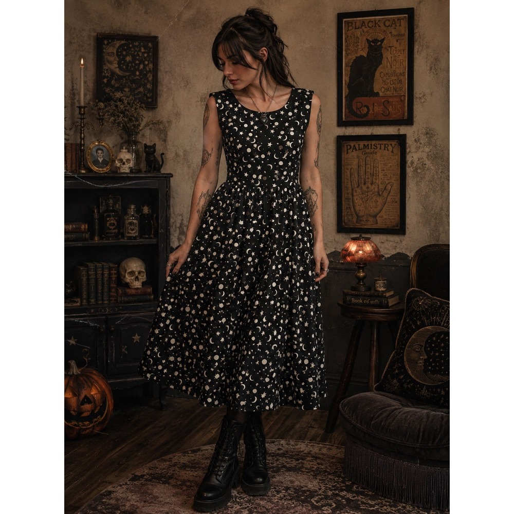 Celestial Moon Star Dress Black Midi Fit Flare Witchy Cottagecore Retro M NWT